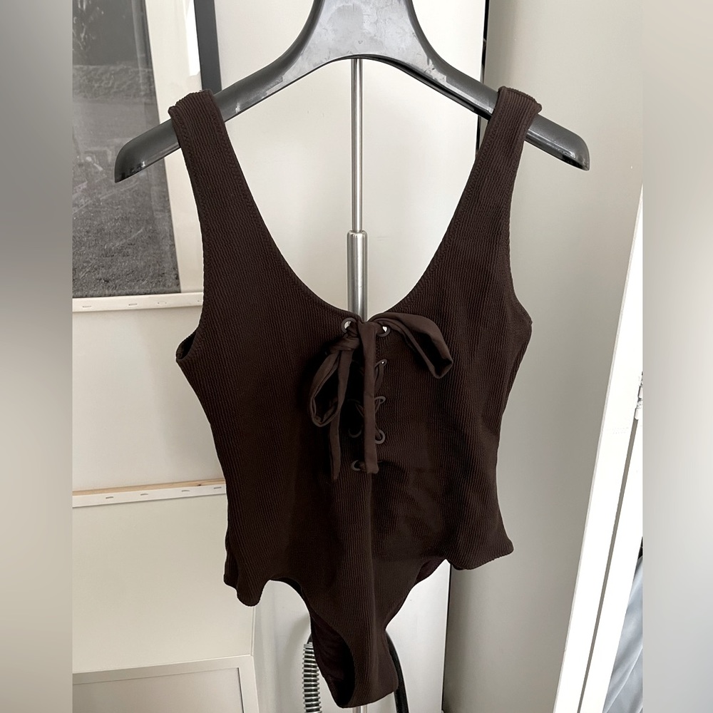 Ganni Brown One Piece Lace Up Ribbed Swimsuit size 38, 8, M-L
